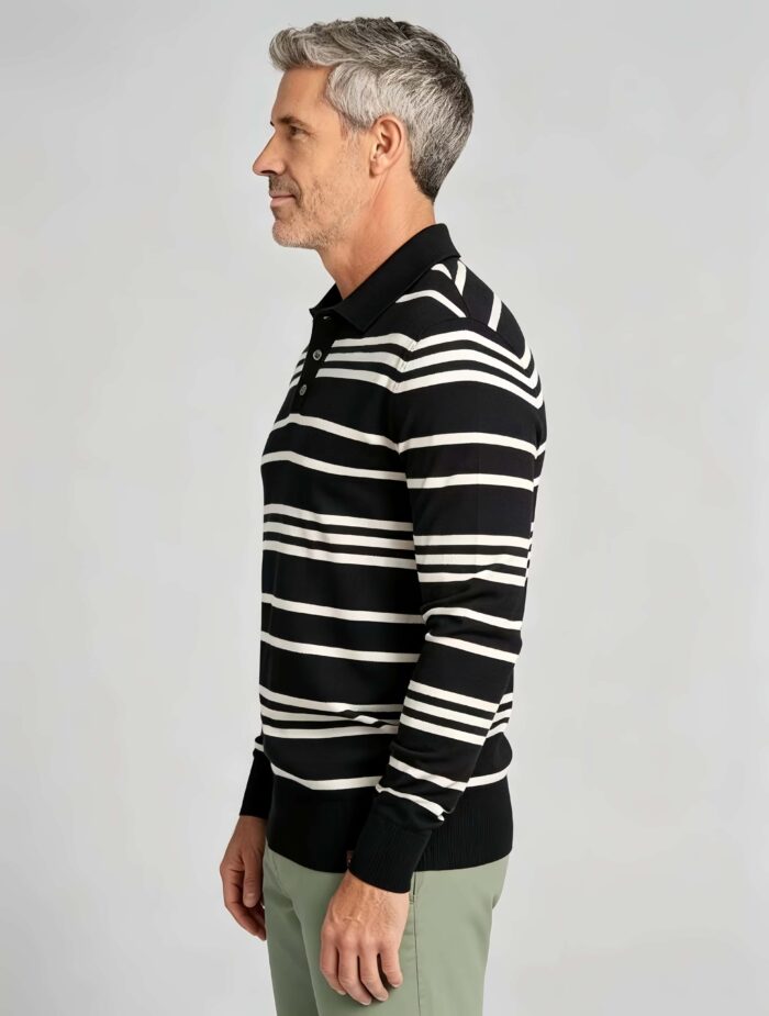Vintage Striped Collared Knit Polo, Slim Fit Long Sleeve Premium Pullover Sweater for Men - Image 3