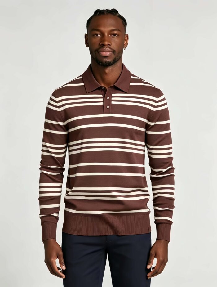 Vintage Striped Collared Knit Polo, Slim Fit Long Sleeve Premium Pullover Sweater for Men - Image 6