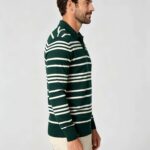 Vintage Striped Collared Knit Polo, Slim Fit Long Sleeve Premium Pullover Sweater for Men