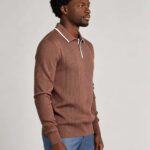 Men's Ribbed Knit Polo Shirt, Contrast Collar Long Sleeve Sweater
