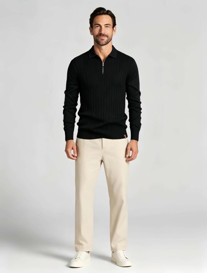Vertical Hollow Rib Half-Zip Lapel Knit Polo, Vintage Casual Long Sleeve Top for Men - Image 2