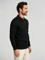 Vertical Hollow Rib Half-Zip Lapel Knit Polo, Vintage Casual Long Sleeve Top for Men