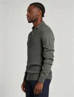 Vertical Hollow Rib Half-Zip Lapel Knit Polo, Vintage Casual Long Sleeve Top for Men - Image 6