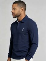 Giraffe Embroidery Contrast Inner Collar Lapel Long Sleeve Polo, Slim Fit Casual Long Sleeve Top for Men - Image 7