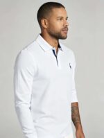 Giraffe Embroidery Contrast Inner Collar Lapel Long Sleeve Polo, Slim Fit Casual Long Sleeve Top for Men