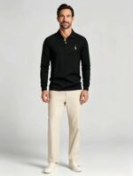Giraffe Embroidery Contrast Inner Collar Lapel Long Sleeve Polo, Slim Fit Casual Long Sleeve Top for Men - Image 10