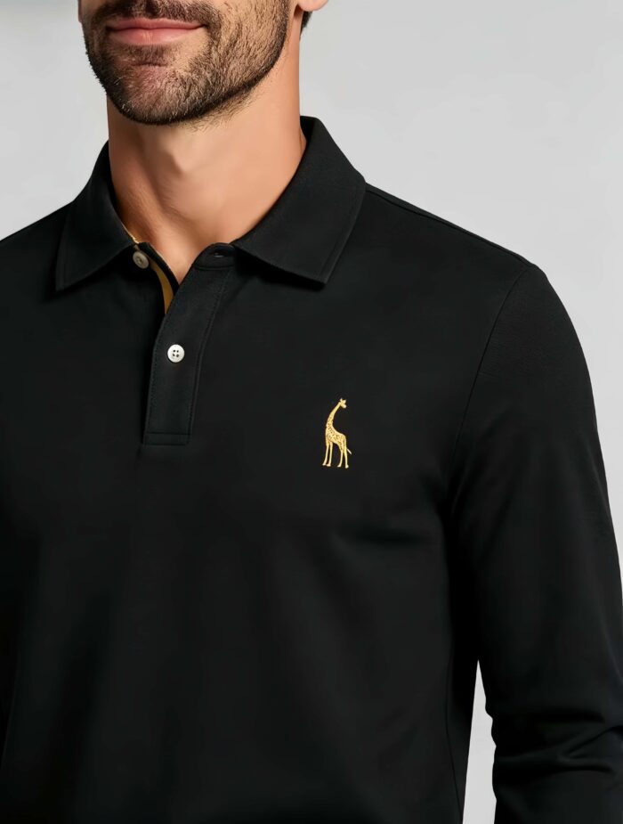 Giraffe Embroidery Contrast Inner Collar Lapel Long Sleeve Polo, Slim Fit Casual Long Sleeve Top for Men - Image 12