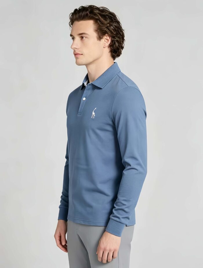 Giraffe Embroidery Contrast Inner Collar Lapel Long Sleeve Polo, Slim Fit Casual Long Sleeve Top for Men - Image 19