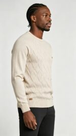 Men's Front Diamond Cable Knit Crew Neck Raglan Sleeve Sweater Soft Breathable Fall Winter Casual Layering Pullover - Image 3
