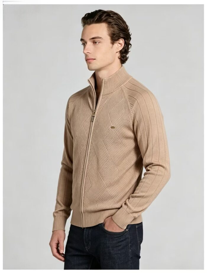 Men's Full Zip Stand Collar Diamond Textured Knit Cardigan Raglan Sleeve Warm Business Casual Knit Jacket - Image 3