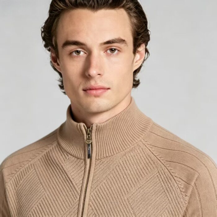 Men's Full Zip Stand Collar Diamond Textured Knit Cardigan Raglan Sleeve Warm Business Casual Knit Jacket - Image 4