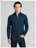 Men's Full Zip Stand Collar Diamond Textured Knit Cardigan Raglan Sleeve Warm Business Casual Knit Jacket - Image 6