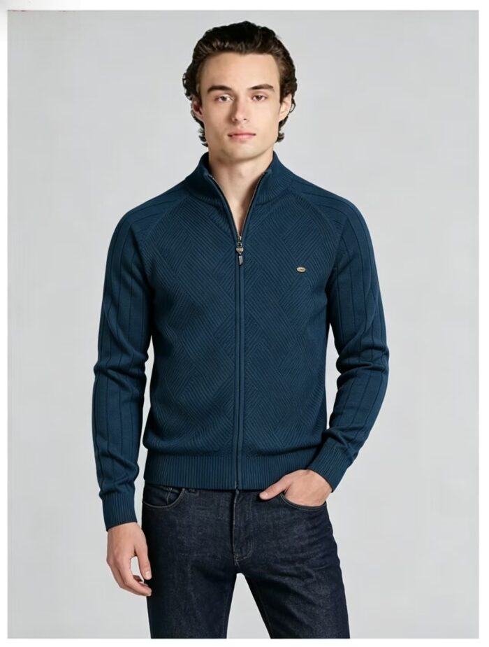 Men's Full Zip Stand Collar Diamond Textured Knit Cardigan Raglan Sleeve Warm Business Casual Knit Jacket - Image 6