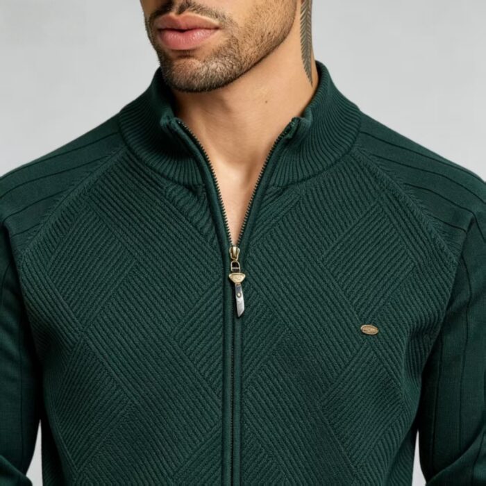 Men's Full Zip Stand Collar Diamond Textured Knit Cardigan Raglan Sleeve Warm Business Casual Knit Jacket - Image 12