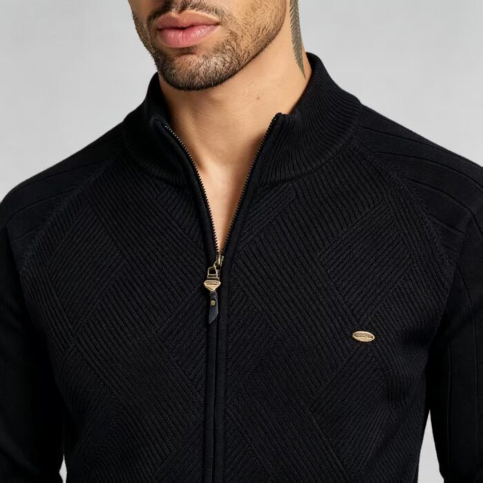 Men's Full Zip Stand Collar Diamond Textured Knit Cardigan Raglan Sleeve Warm Business Casual Knit Jacket - Image 16