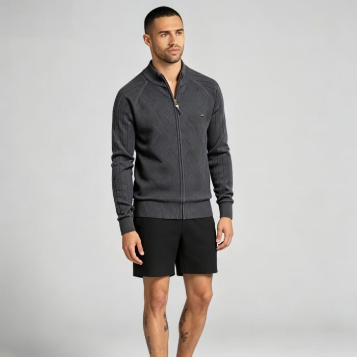 Men's Full Zip Stand Collar Diamond Textured Knit Cardigan Raglan Sleeve Warm Business Casual Knit Jacket - Image 19