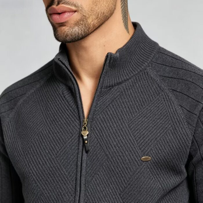 Men's Full Zip Stand Collar Diamond Textured Knit Cardigan Raglan Sleeve Warm Business Casual Knit Jacket - Image 20
