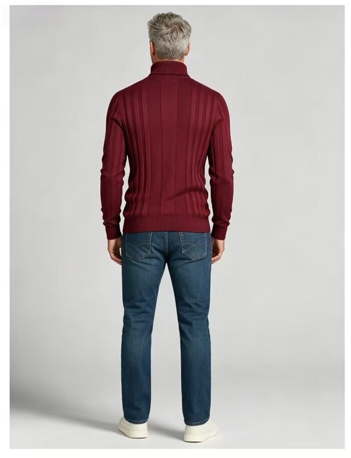 Men's Full Vertical Rib Fold Over Turtleneck Knit Sweater Slim Fit Warm Business Fall Winter Layering Pullover - Image 4