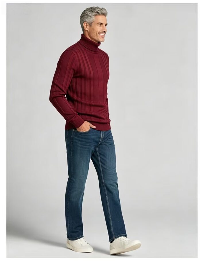 Men's Full Vertical Rib Fold Over Turtleneck Knit Sweater Slim Fit Warm Business Fall Winter Layering Pullover - Image 5