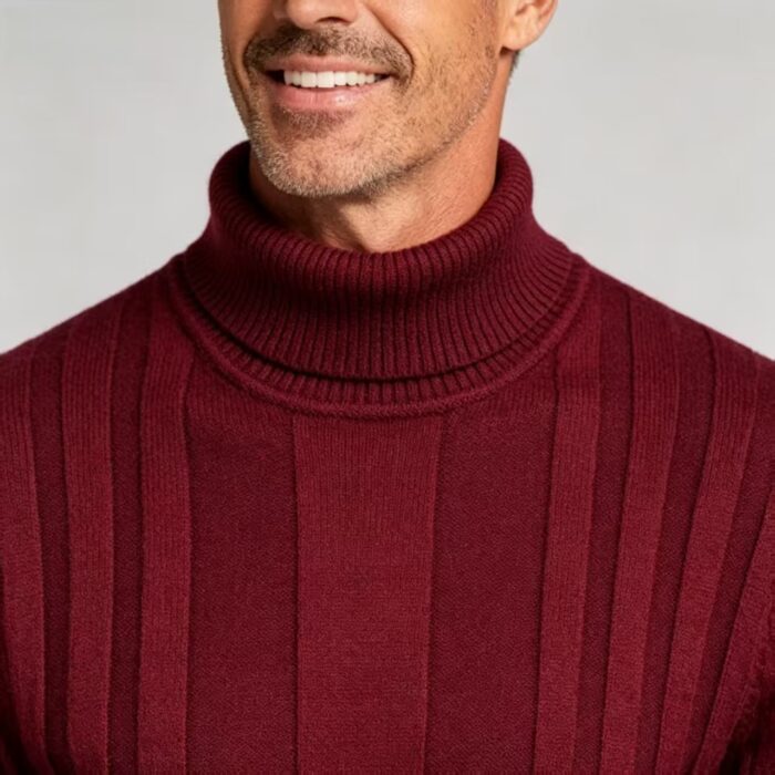 Men's Full Vertical Rib Fold Over Turtleneck Knit Sweater Slim Fit Warm Business Fall Winter Layering Pullover - Image 2
