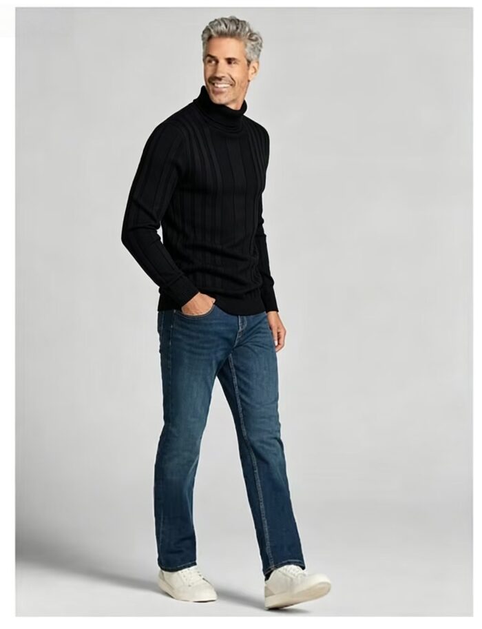 Men's Full Vertical Rib Fold Over Turtleneck Knit Sweater Slim Fit Warm Business Fall Winter Layering Pullover - Image 8