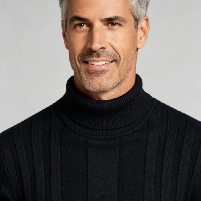 Men's Full Vertical Rib Fold Over Turtleneck Knit Sweater Slim Fit Warm Business Fall Winter Layering Pullover - Image 9