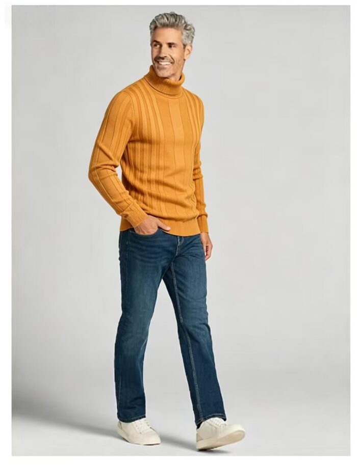 Men's Full Vertical Rib Fold Over Turtleneck Knit Sweater Slim Fit Warm Business Fall Winter Layering Pullover - Image 12