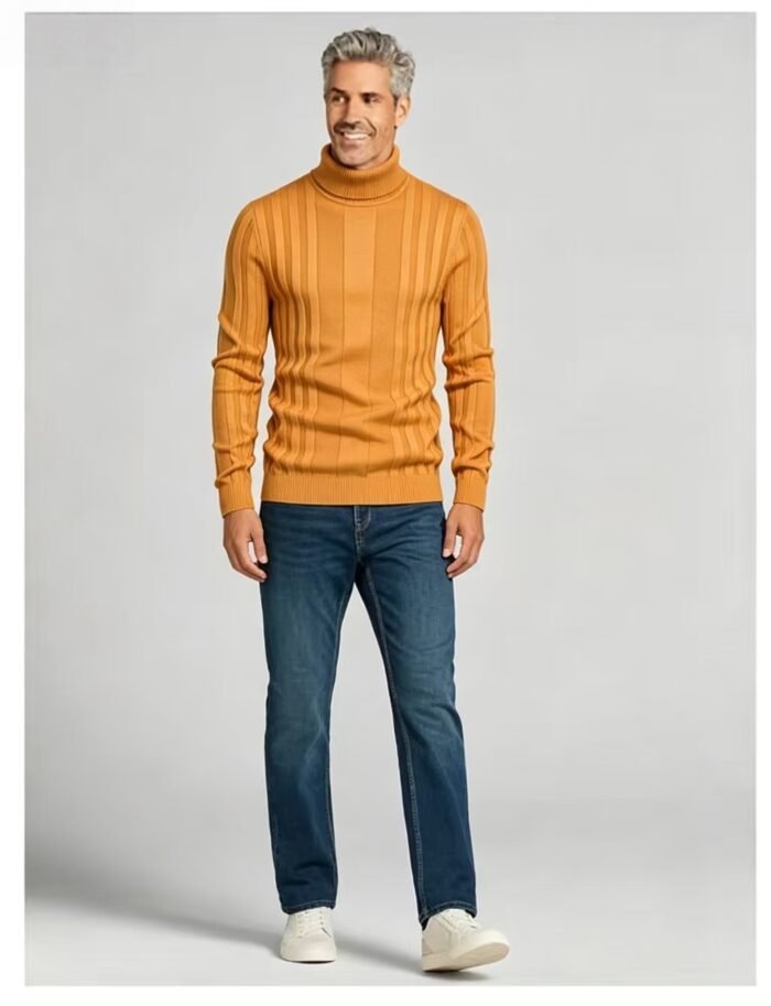 Men's Full Vertical Rib Fold Over Turtleneck Knit Sweater Slim Fit Warm Business Fall Winter Layering Pullover - Image 14
