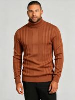 Men's Full Vertical Rib Fold Over Turtleneck Knit Sweater Slim Fit Warm Business Fall Winter Layering Pullover