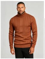 Men's Full Vertical Rib Fold Over Turtleneck Knit Sweater Slim Fit Warm Business Fall Winter Layering Pullover - Image 15