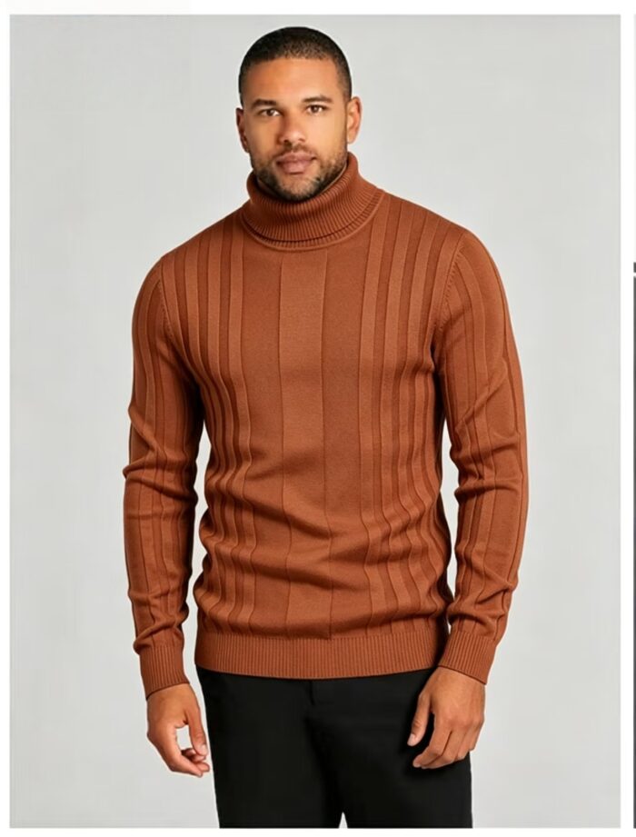 Men's Full Vertical Rib Fold Over Turtleneck Knit Sweater Slim Fit Warm Business Fall Winter Layering Pullover - Image 15