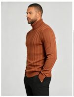 Men's Full Vertical Rib Fold Over Turtleneck Knit Sweater Slim Fit Warm Business Fall Winter Layering Pullover - Image 17