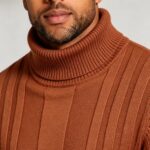 Men's Full Vertical Rib Fold Over Turtleneck Knit Sweater Slim Fit Warm Business Fall Winter Layering Pullover - Image 18