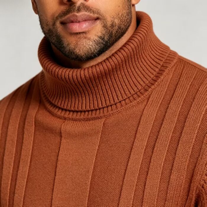 Men's Full Vertical Rib Fold Over Turtleneck Knit Sweater Slim Fit Warm Business Fall Winter Layering Pullover - Image 18