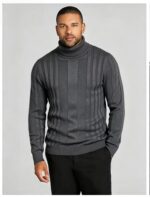 Men's Full Vertical Rib Fold Over Turtleneck Knit Sweater Slim Fit Warm Business Fall Winter Layering Pullover - Image 19