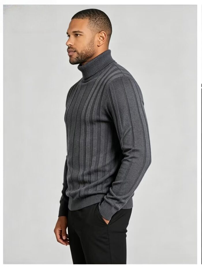 Men's Full Vertical Rib Fold Over Turtleneck Knit Sweater Slim Fit Warm Business Fall Winter Layering Pullover - Image 21