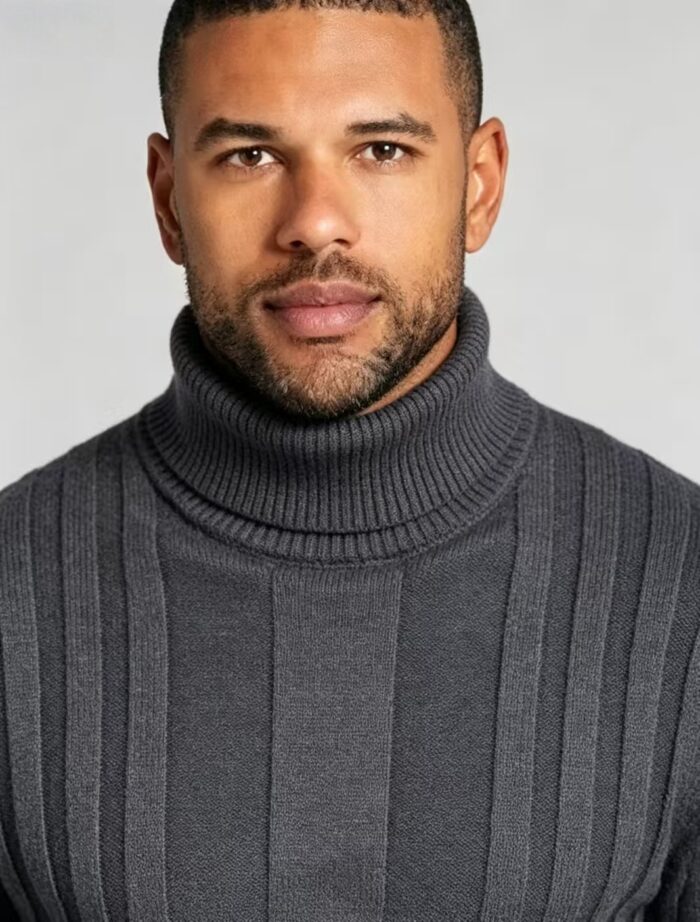 Men's Full Vertical Rib Fold Over Turtleneck Knit Sweater Slim Fit Warm Business Fall Winter Layering Pullover - Image 22