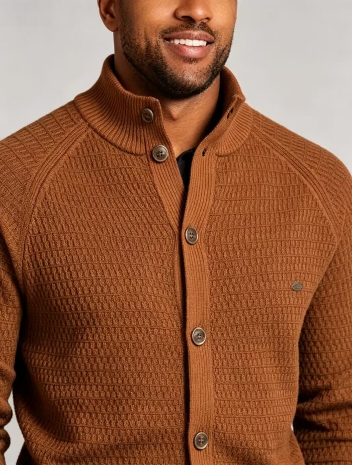 Men's Waffle Knit Stand Collar Cardigan - Image 8