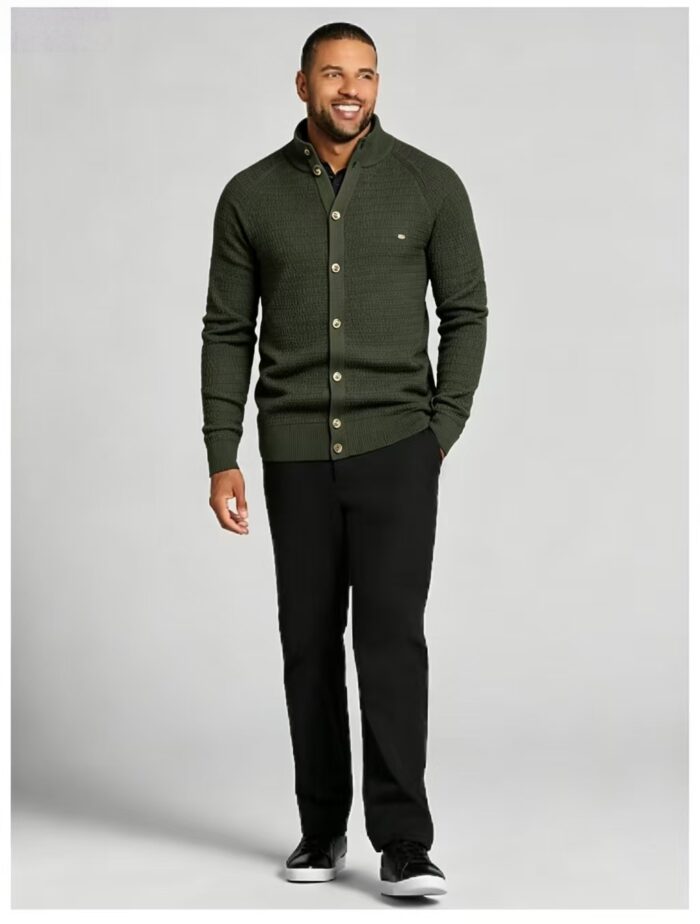 Men's Waffle Knit Stand Collar Cardigan - Image 10
