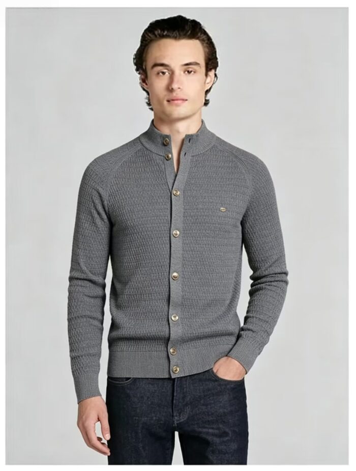 Men's Waffle Knit Stand Collar Cardigan - Image 14