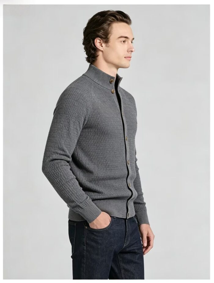 Men's Waffle Knit Stand Collar Cardigan - Image 15