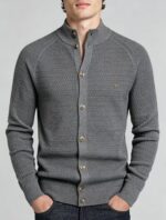 Men's Waffle Knit Stand Collar Cardigan - Image 16