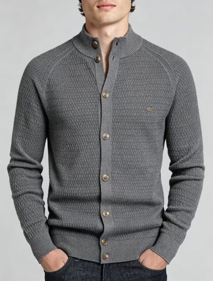 Men's Waffle Knit Stand Collar Cardigan - Image 16