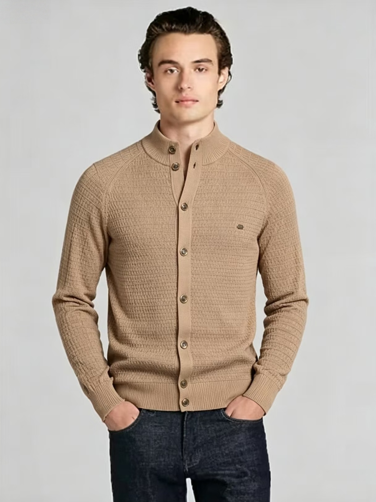 微信图片_20260613200401_2664_4 Men's Waffle Knit Stand Collar Cardigan - Image 1