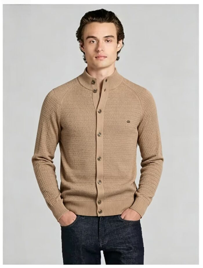 Men's Waffle Knit Stand Collar Cardigan - Image 3