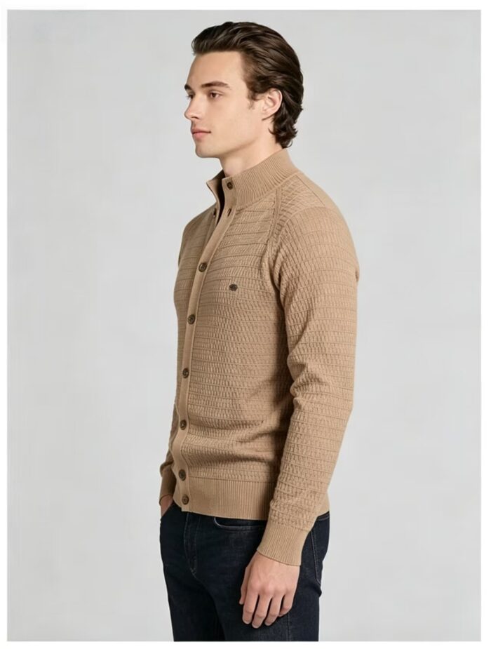 Men's Waffle Knit Stand Collar Cardigan - Image 2