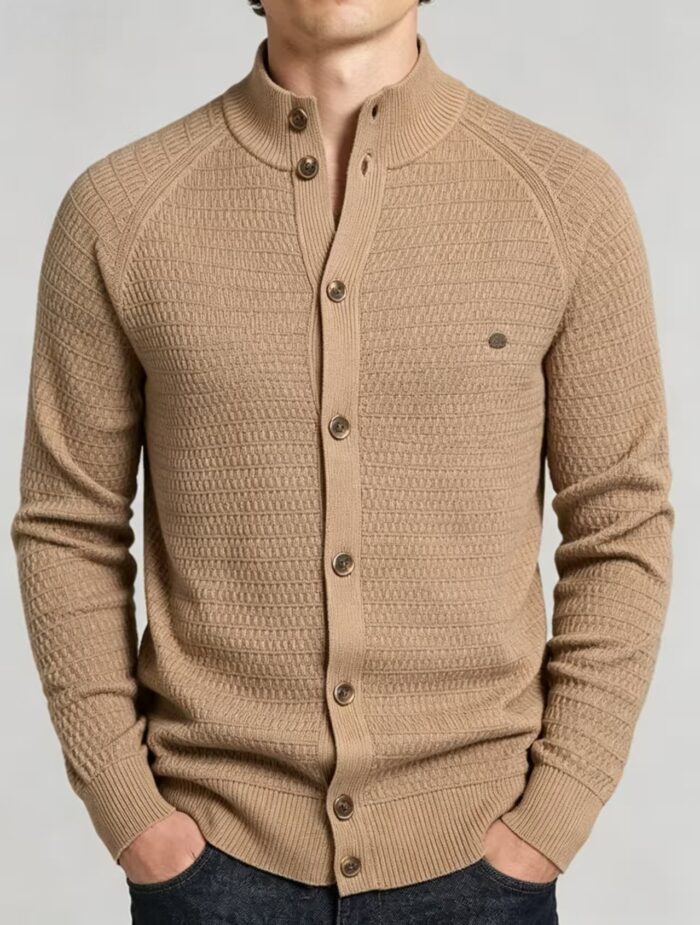 Men's Waffle Knit Stand Collar Cardigan - Image 4
