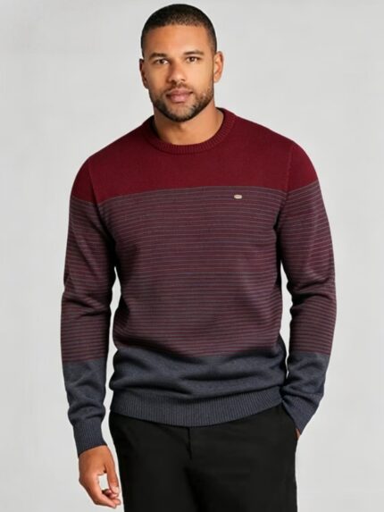 Men's Color Block Fine Horizontal Stripe Crew Neck Knit Sweater Soft Warm Spring Fall Business Casual Layering Pullover