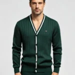 Men's Vertical Rib Contrast Trim V Neck Cardigan