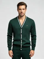 Men's Vertical Rib Contrast Trim V Neck Cardigan
